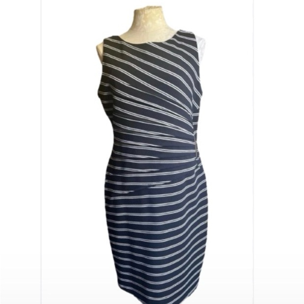 Ivanka Trump Navy and White Striped Midi Dress